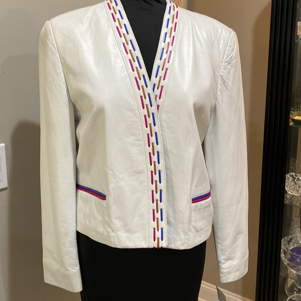 VTG 80’s White Leather Jacket Colored Stitch Trim by Clifford Michael Canada MED